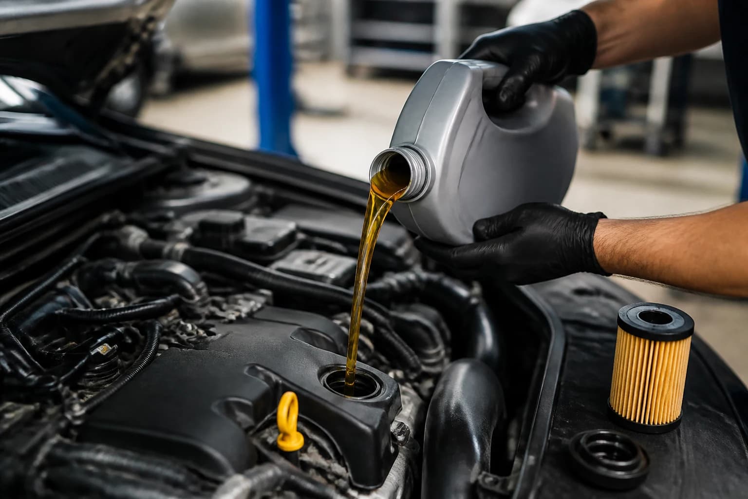 Fresh engine oil being poured during a service