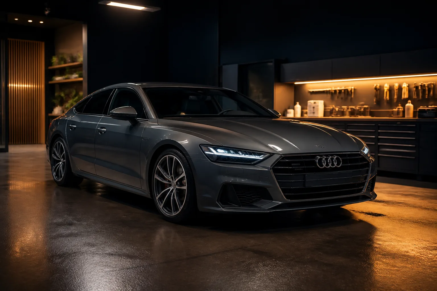 Graphite Audi luxury sportback parked in a workshop bay
