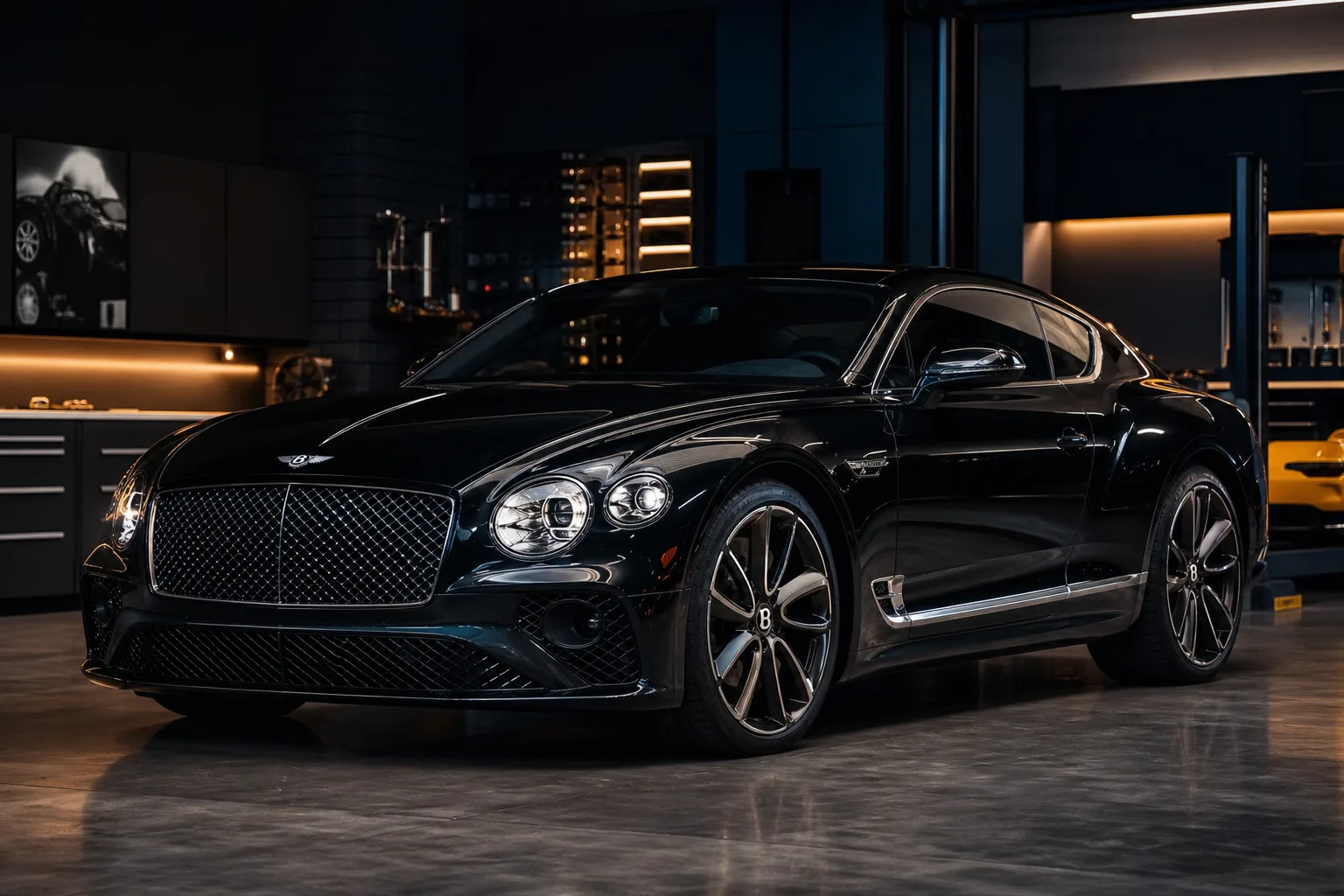 Black Bentley Continental GT parked in a workshop bay