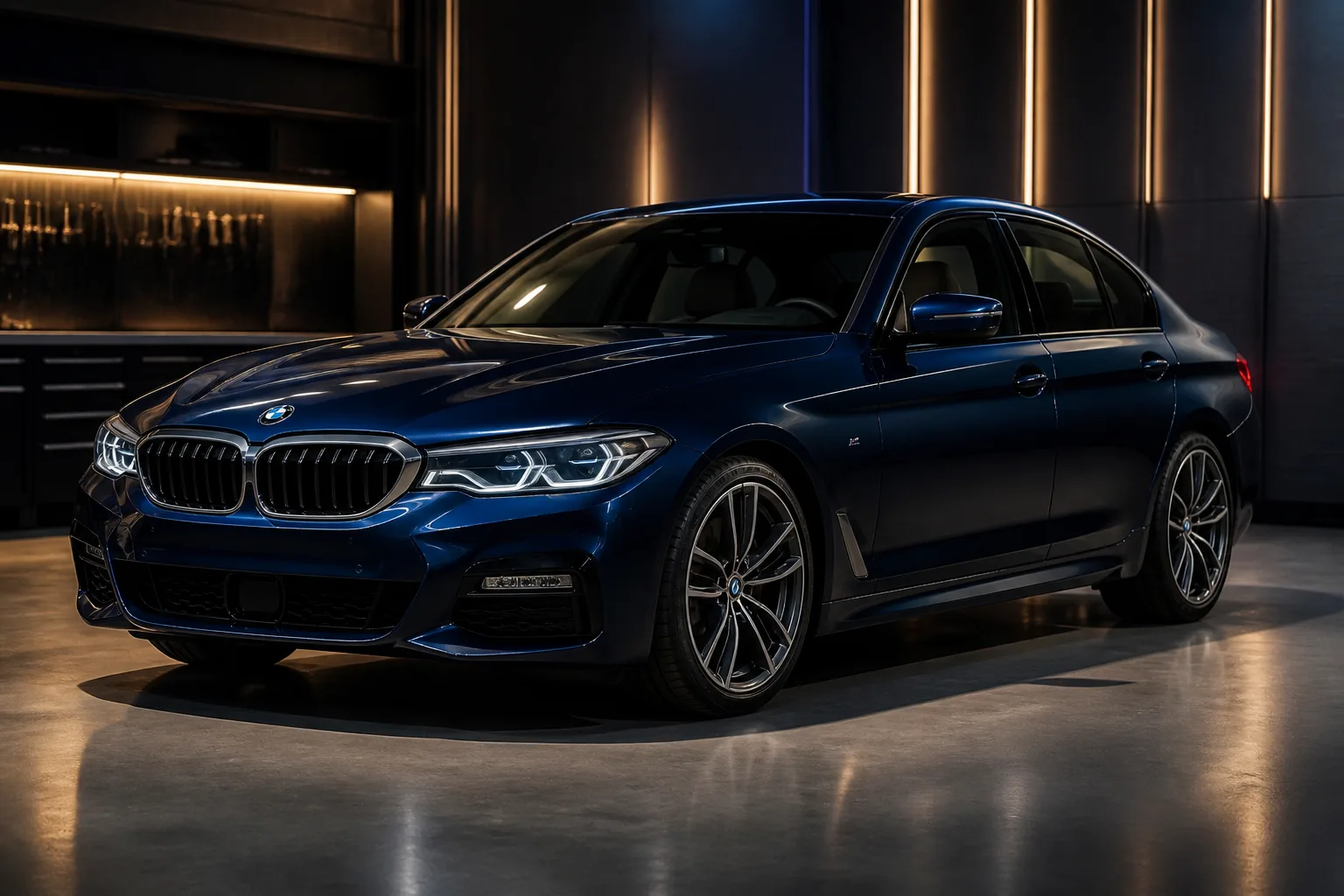 Dark blue BMW luxury sedan parked in a workshop bay