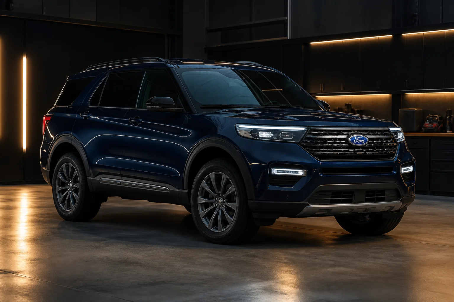 Dark blue Ford SUV parked in a workshop bay