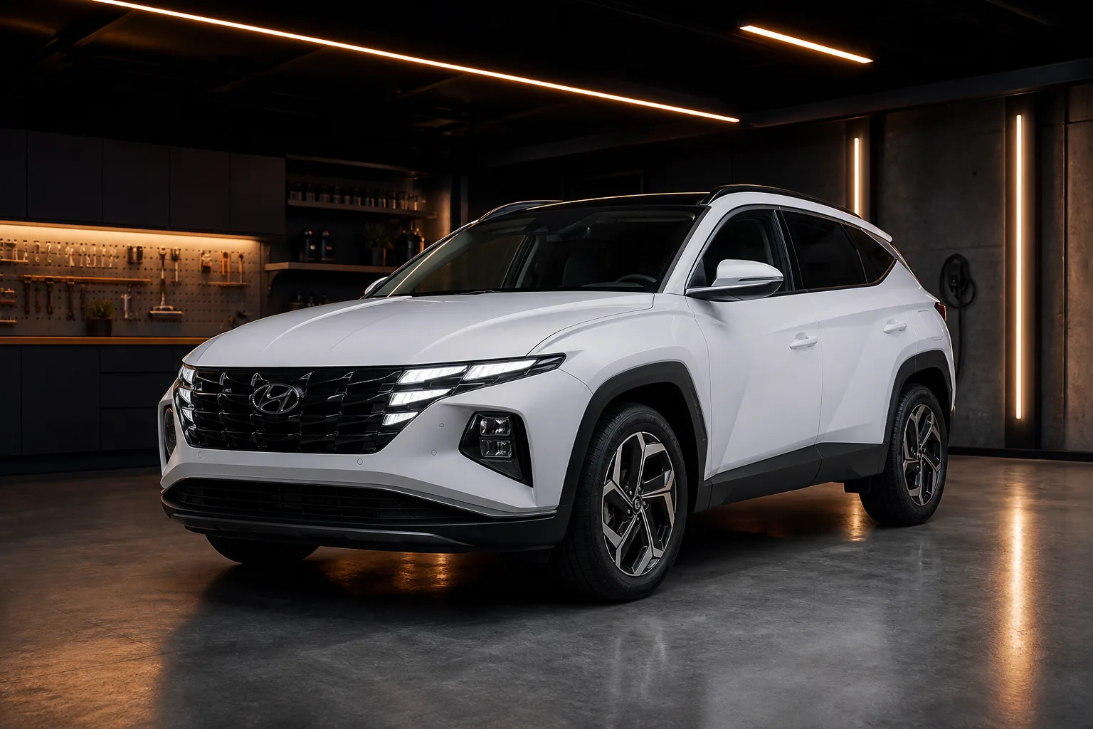 White Hyundai SUV parked in a workshop bay