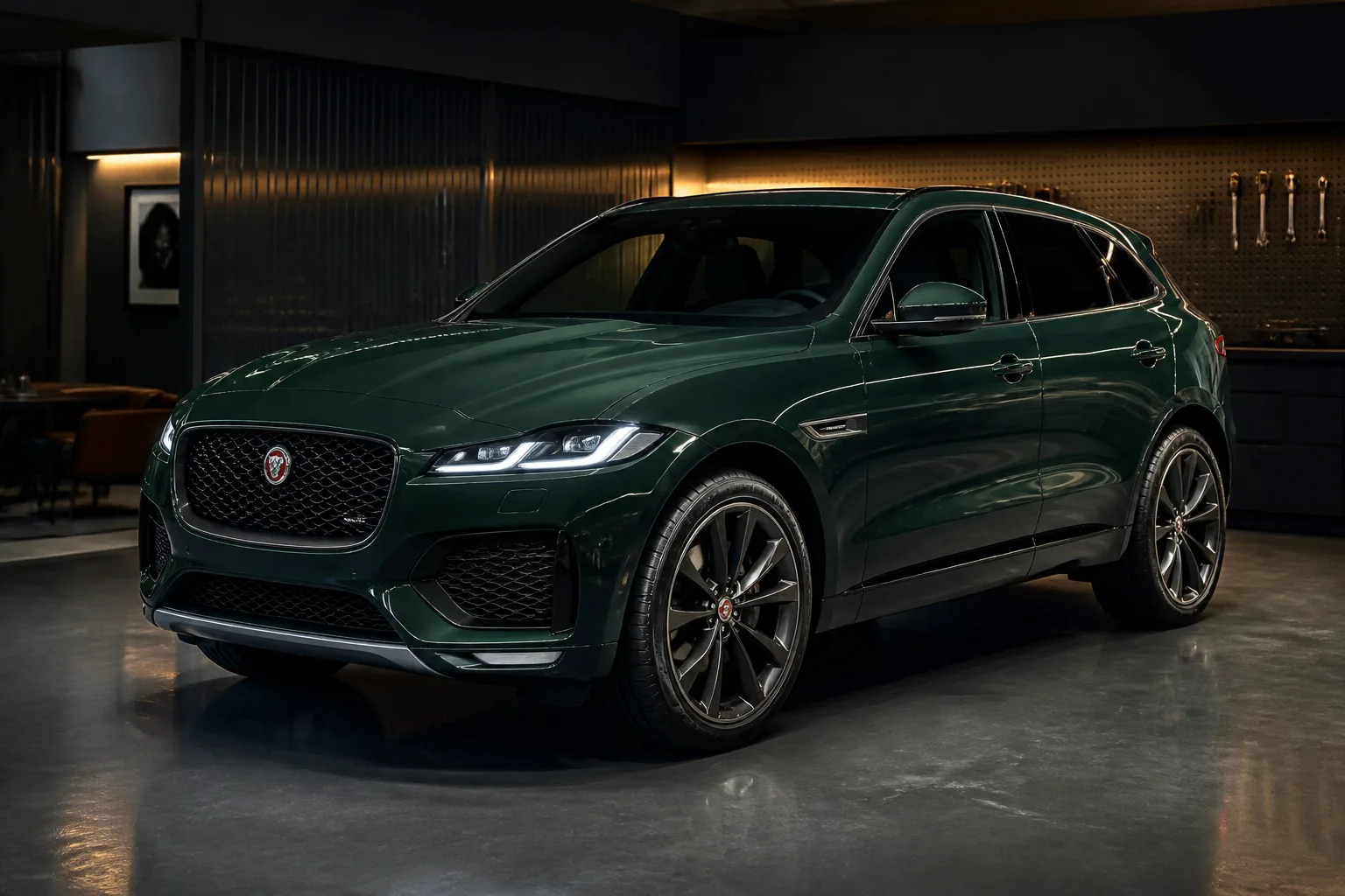 Dark green Jaguar SUV parked in a workshop bay