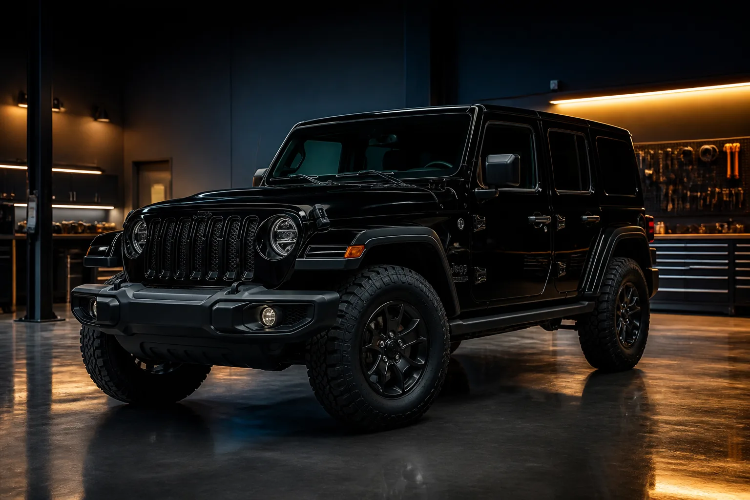 Black Jeep Wrangler parked in a workshop bay