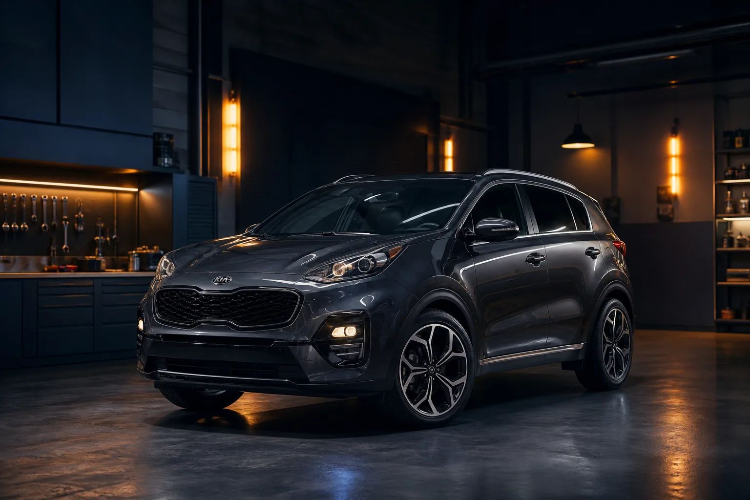 Dark grey Kia SUV parked in a workshop bay
