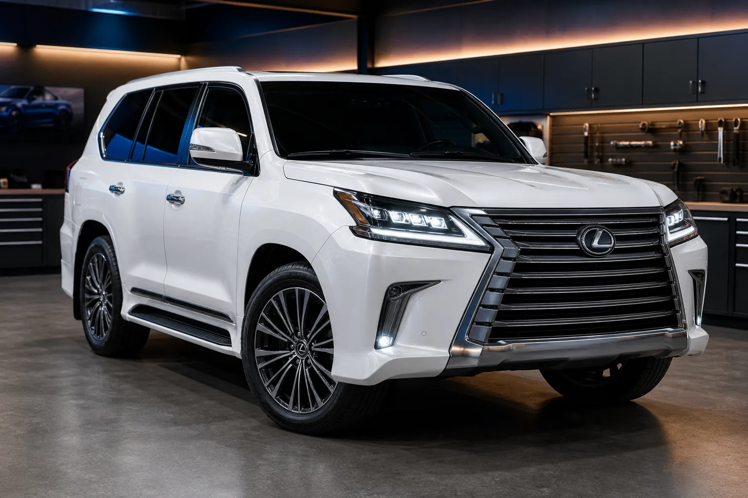 White Lexus luxury SUV parked in a workshop bay