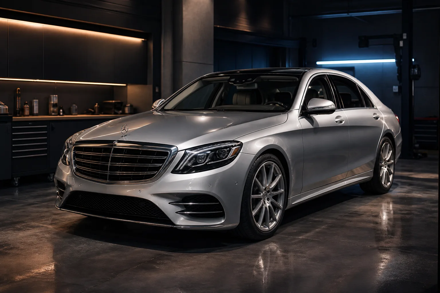 Silver Mercedes luxury sedan parked in a workshop bay