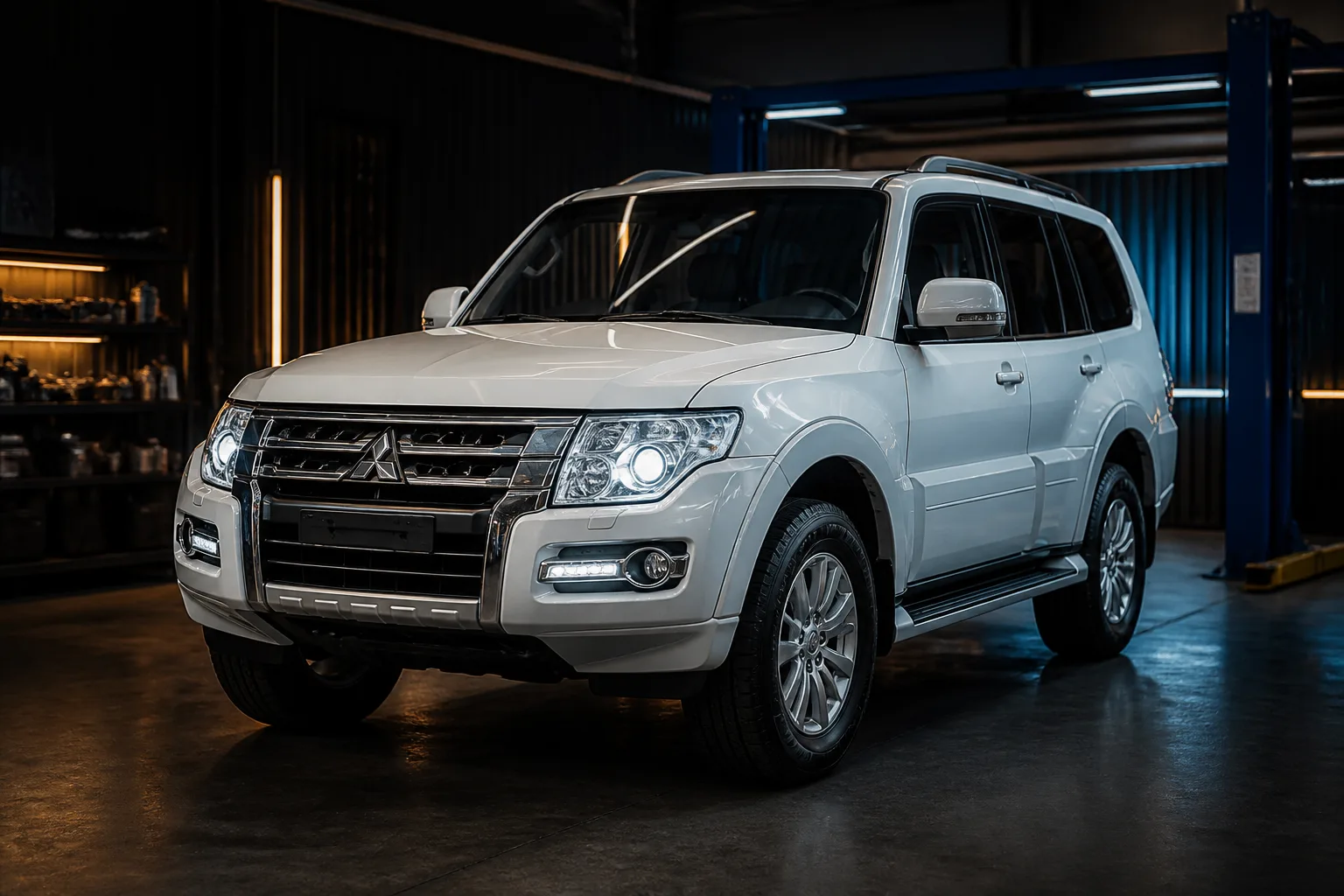 White Mitsubishi SUV parked in a workshop bay