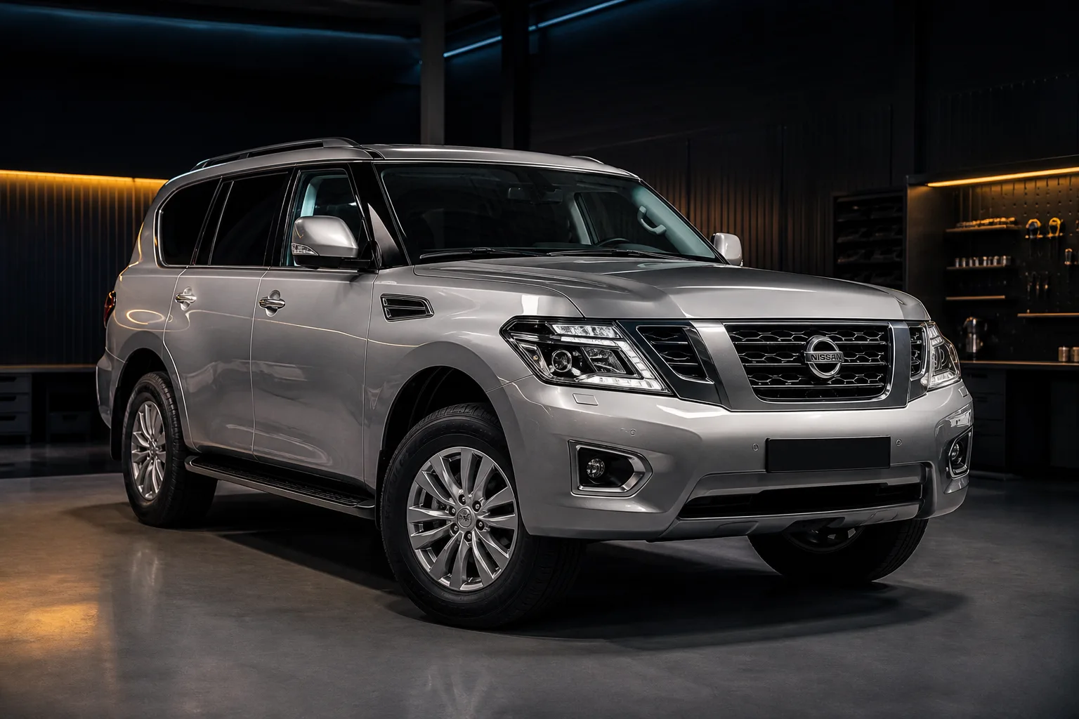 Silver Nissan SUV parked in a workshop bay