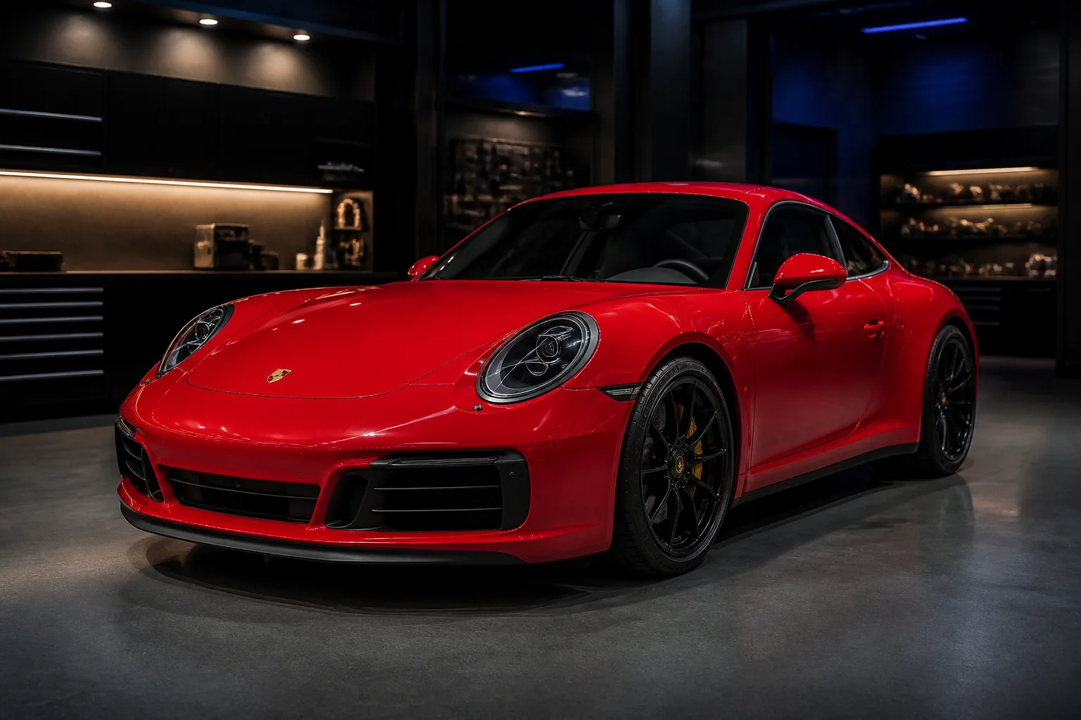 Red Porsche sports coupe parked in a workshop bay