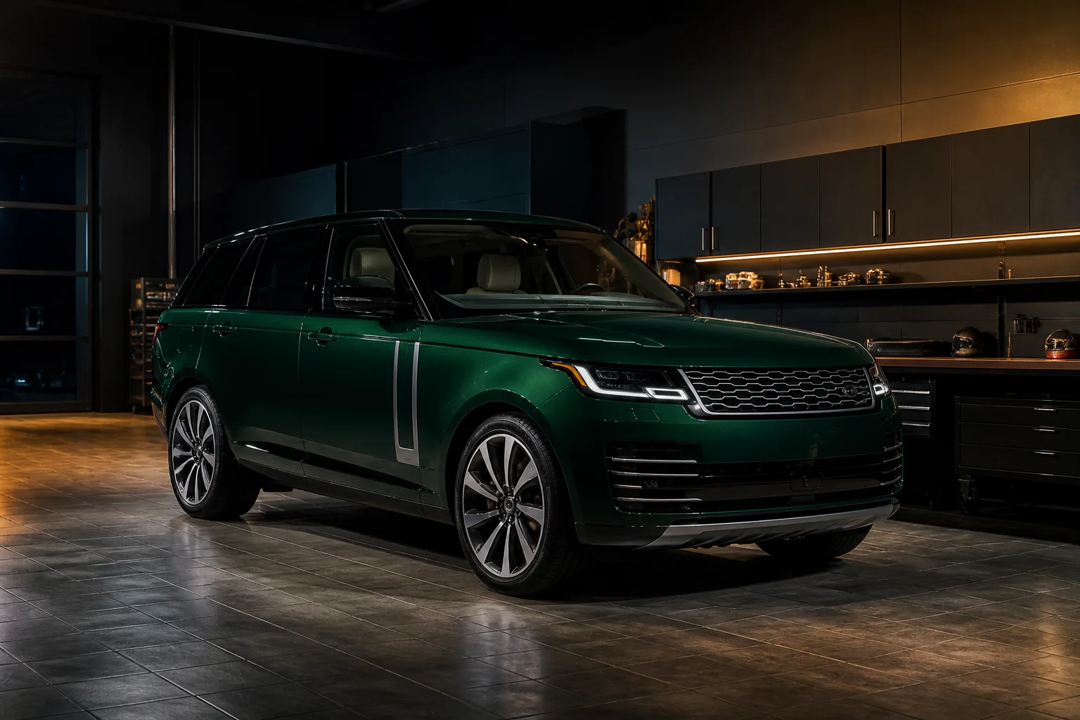 Dark green Range Rover luxury SUV parked in a workshop bay