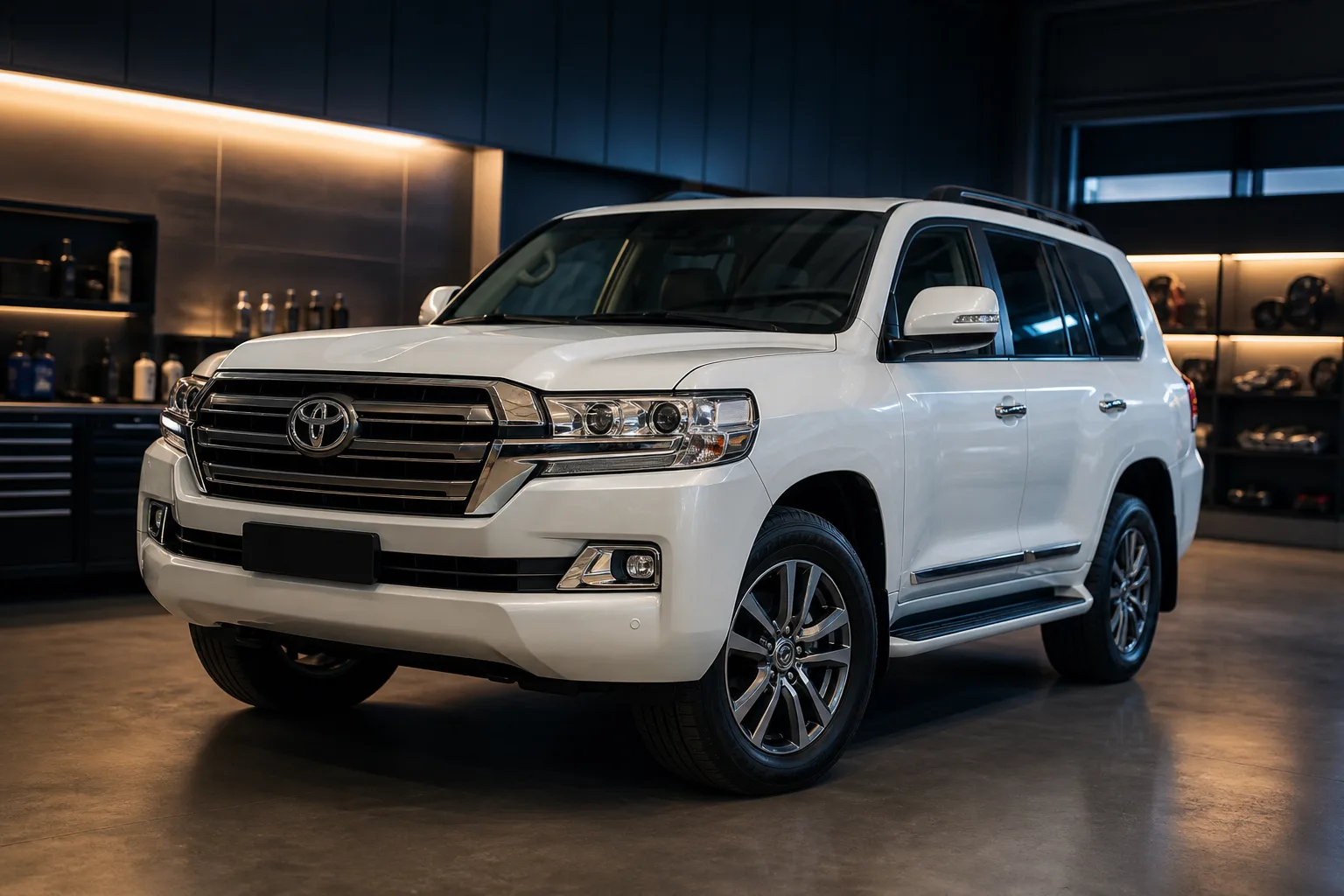 White Toyota SUV parked in a workshop bay