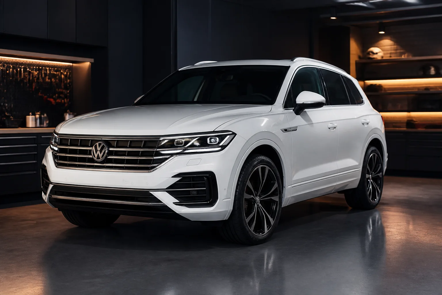 White Volkswagen SUV parked in a workshop bay
