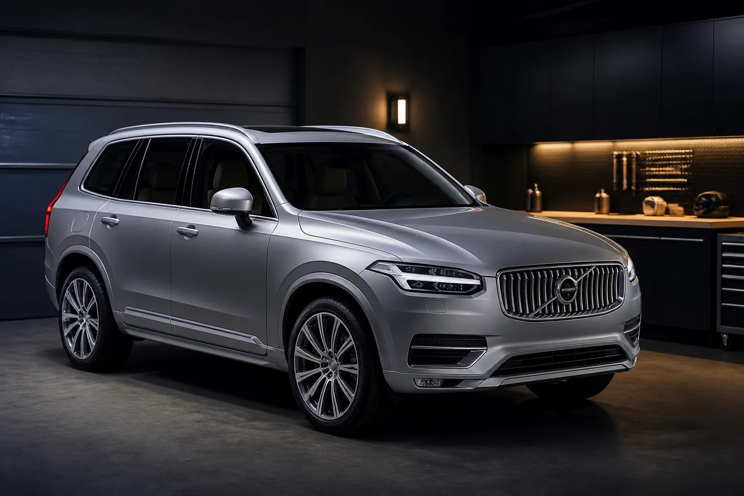 Silver Volvo SUV parked in a workshop bay