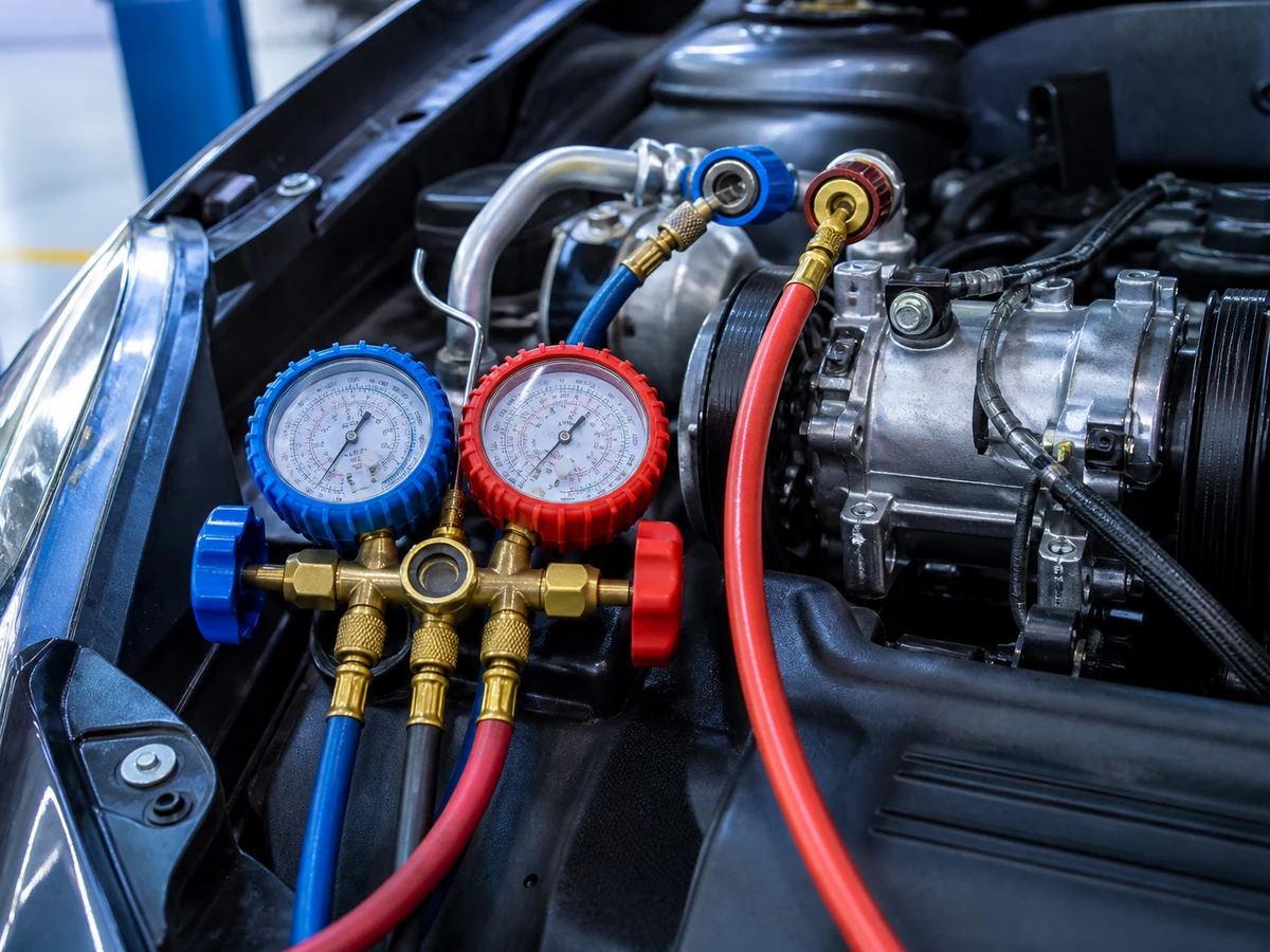 Car air conditioning service with gauge equipment