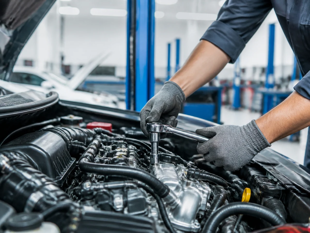 Mechanic working on a car engine in the workshop