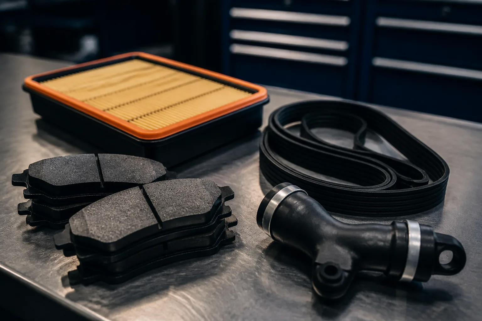 Aftermarket brake pads, air filter, belt, and hose parts on a workshop bench