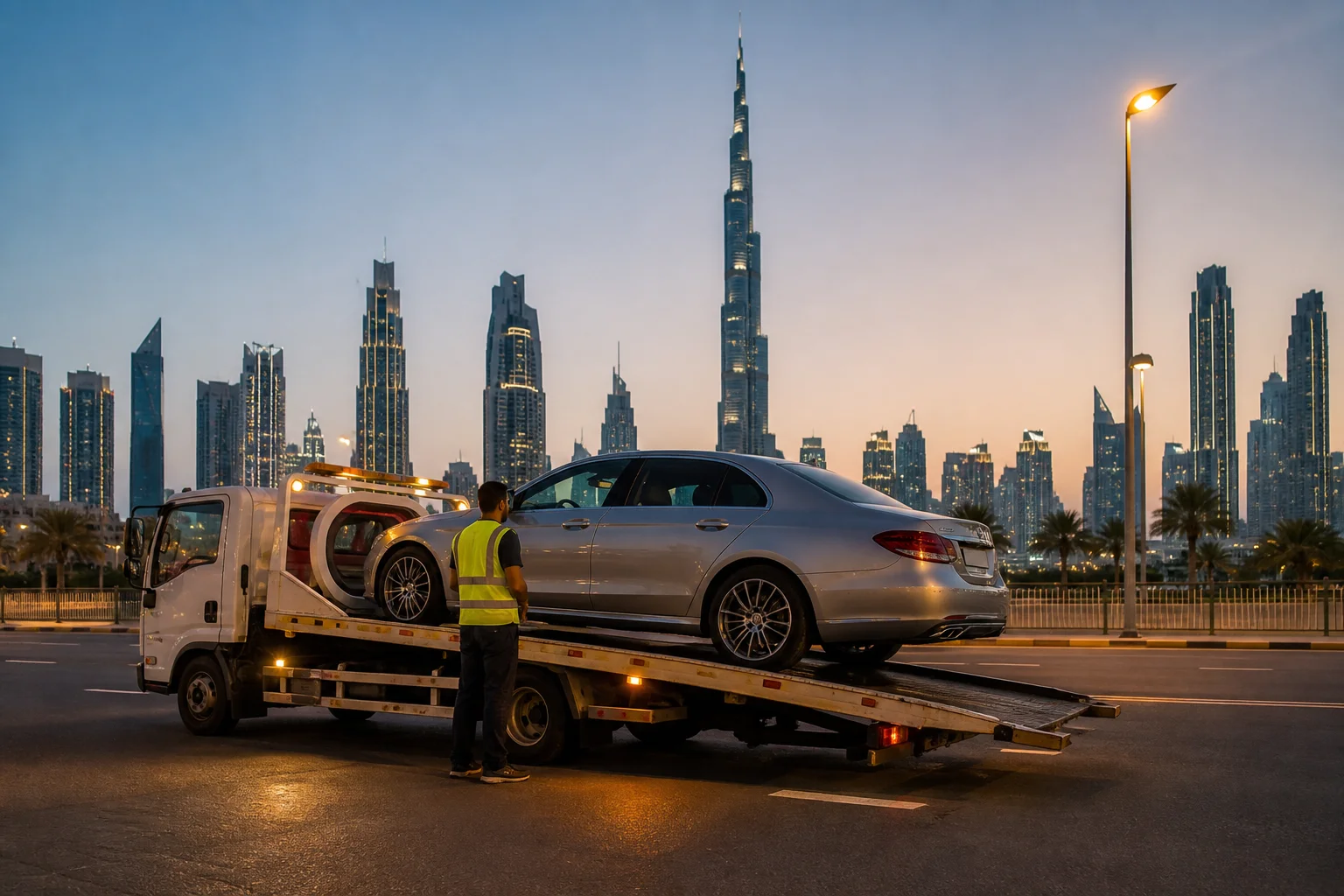Flatbed recovery truck carefully loading a sedan for towing with Dubai skyline
