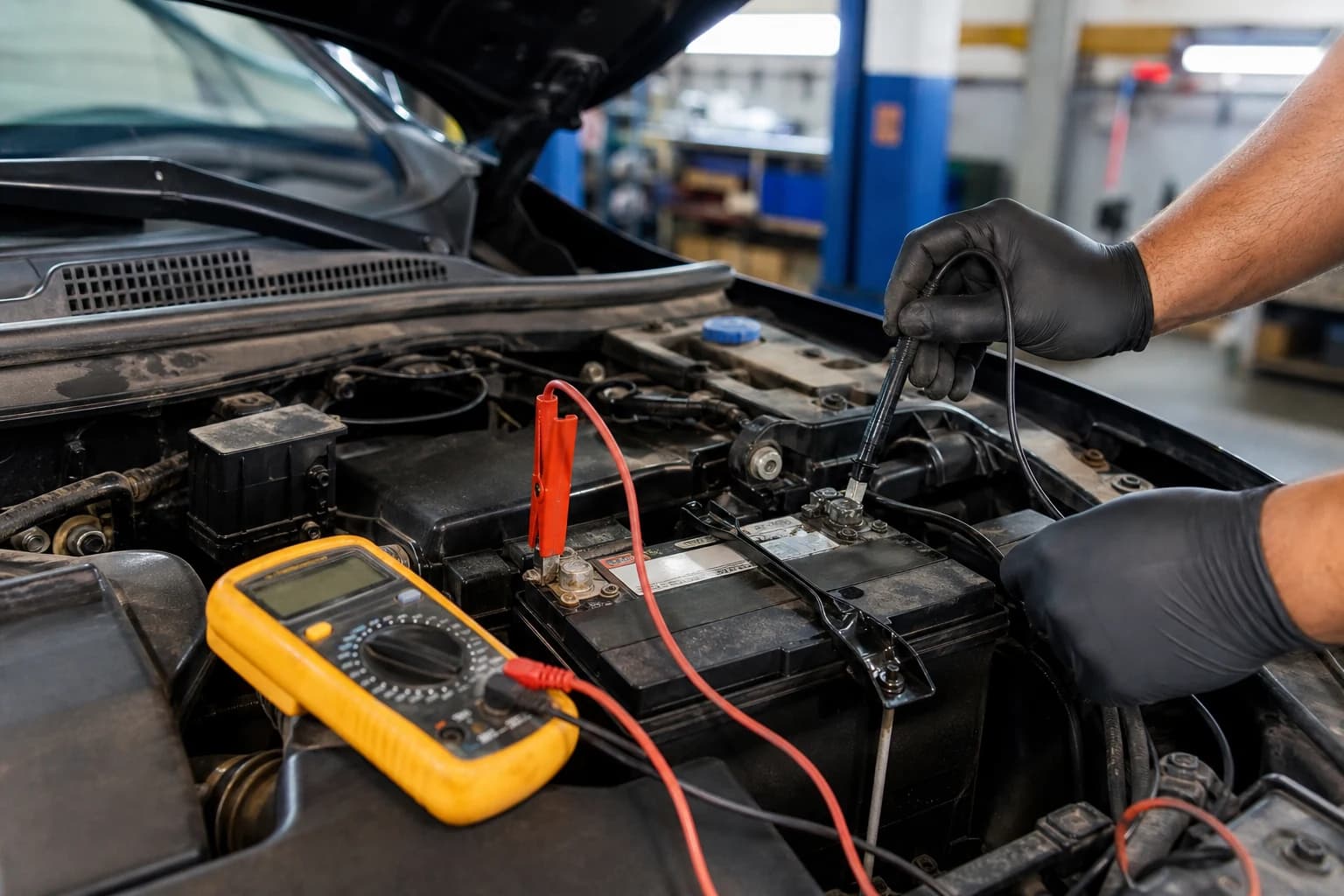 Car battery being tested with diagnostic equipment
