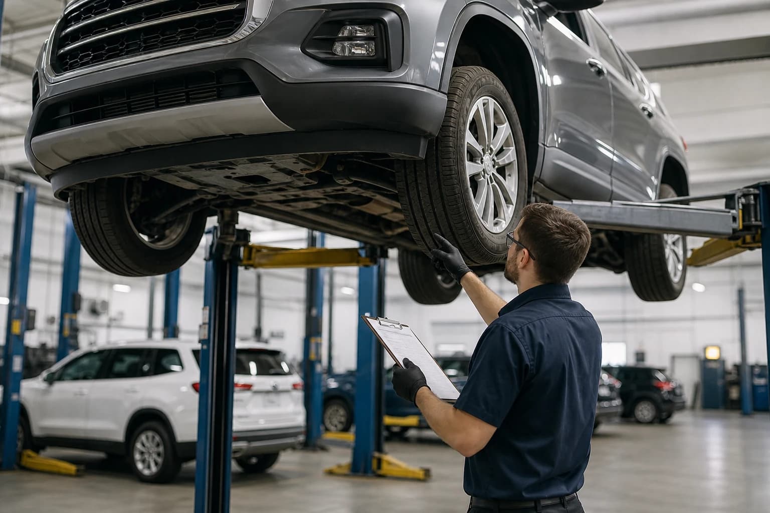Vehicle on a lift during a pre-travel inspection